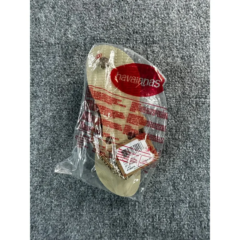 Havaianas Kids Slim Glitter II Sand Grey Flip Flops 3/4Y Gold Straps NWT